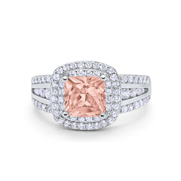 Halo Wedding Ring Princess Simulated Morganite CZ 925 Sterling Silver